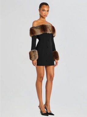 Retrofete Off-Shoulder Black Mini Dress with Brown Faux-Fur Trim